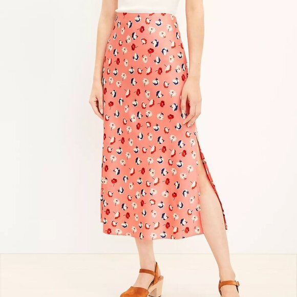LOFT Daisy Floral Side Slit Satin Midi Slip Skirt Coral M - Picture 1 of 16